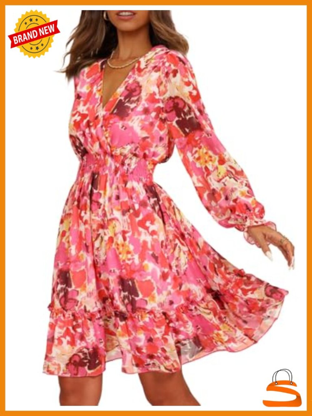 Prettywear Chiffon Long Sleeve Wrap Neck Mini Dress Wedding Guest